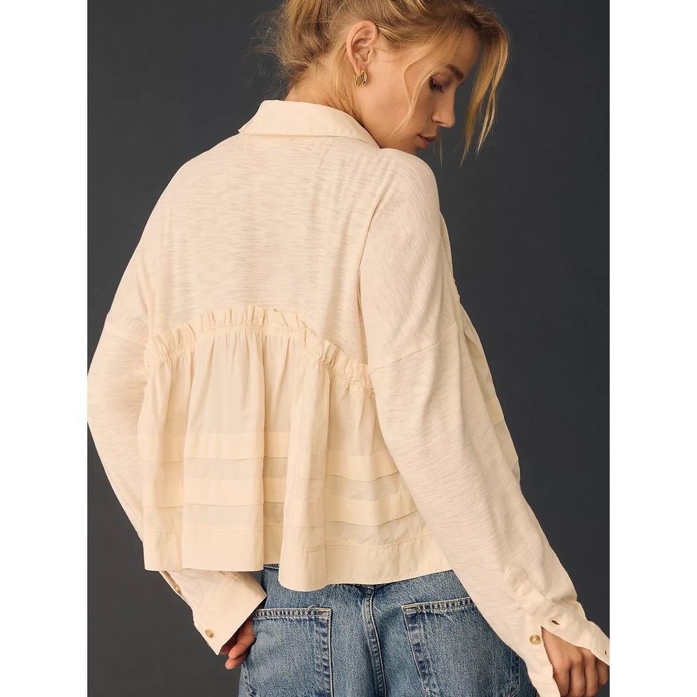 Anthropologie Pilcro Cream Long-Sleeve V-Neck Ruffled Babydoll Top XS - Picture 5 of 13
